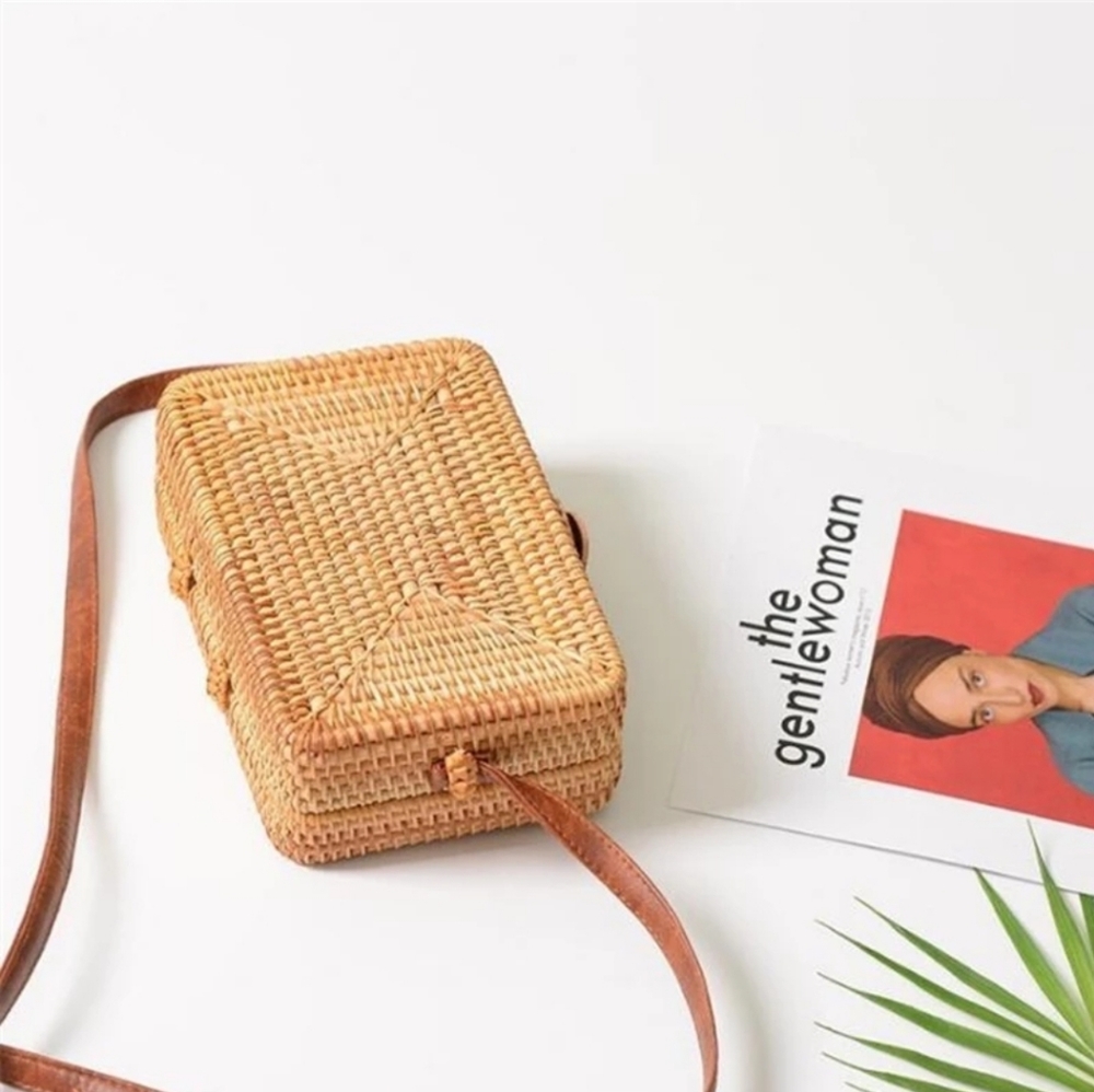 Rectangle Rattan Straw Hand Woven Shoulder Bag